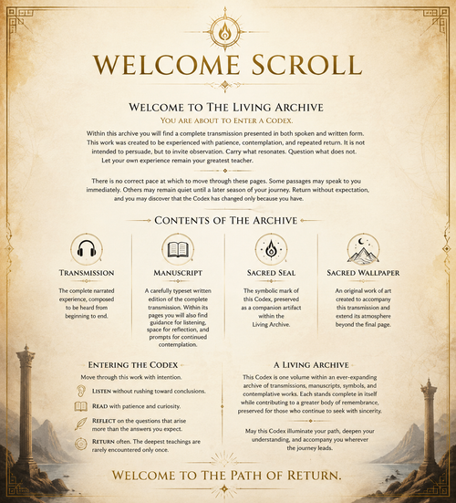 Codex of the Hidden Flame welcome scroll showing the included audio transmission, manuscript, sacred seal, and wallpaper