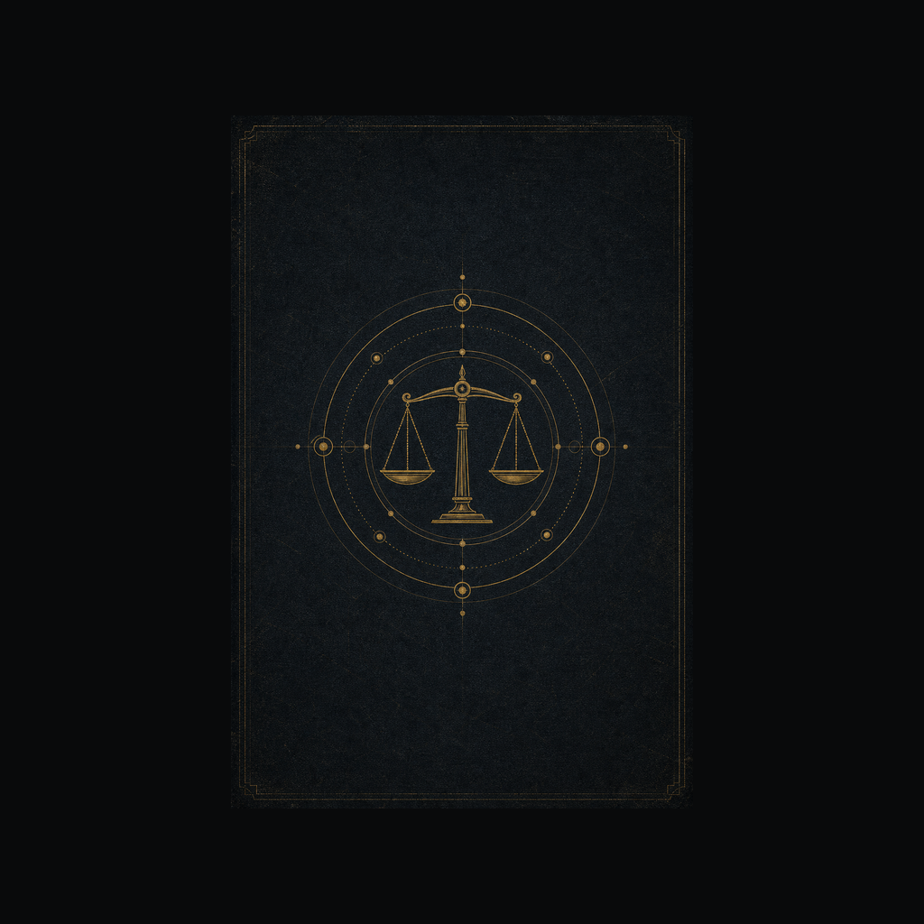Antique-gold balance scales surrounded by sacred geometry on the Codex of Universal Law cover.