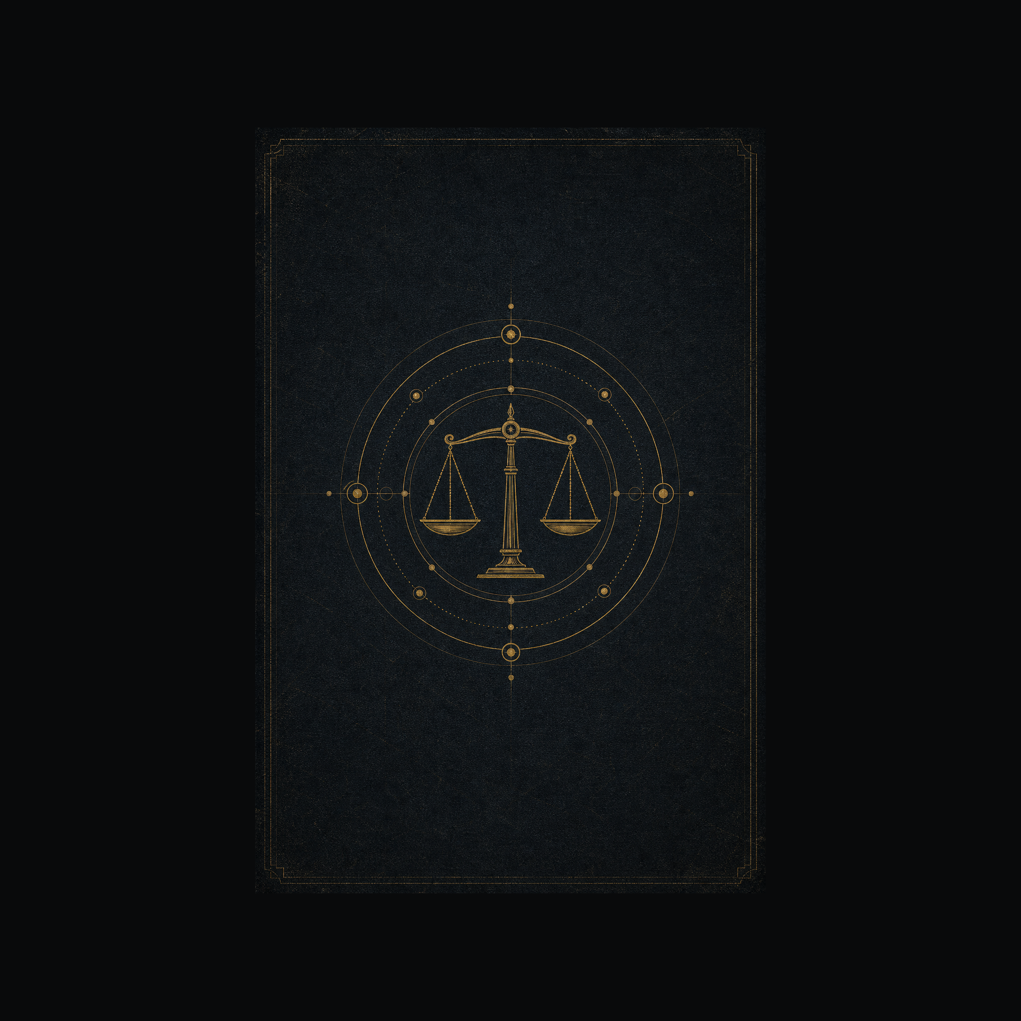 Antique-gold balance scales surrounded by sacred geometry on the Codex of Universal Law cover.