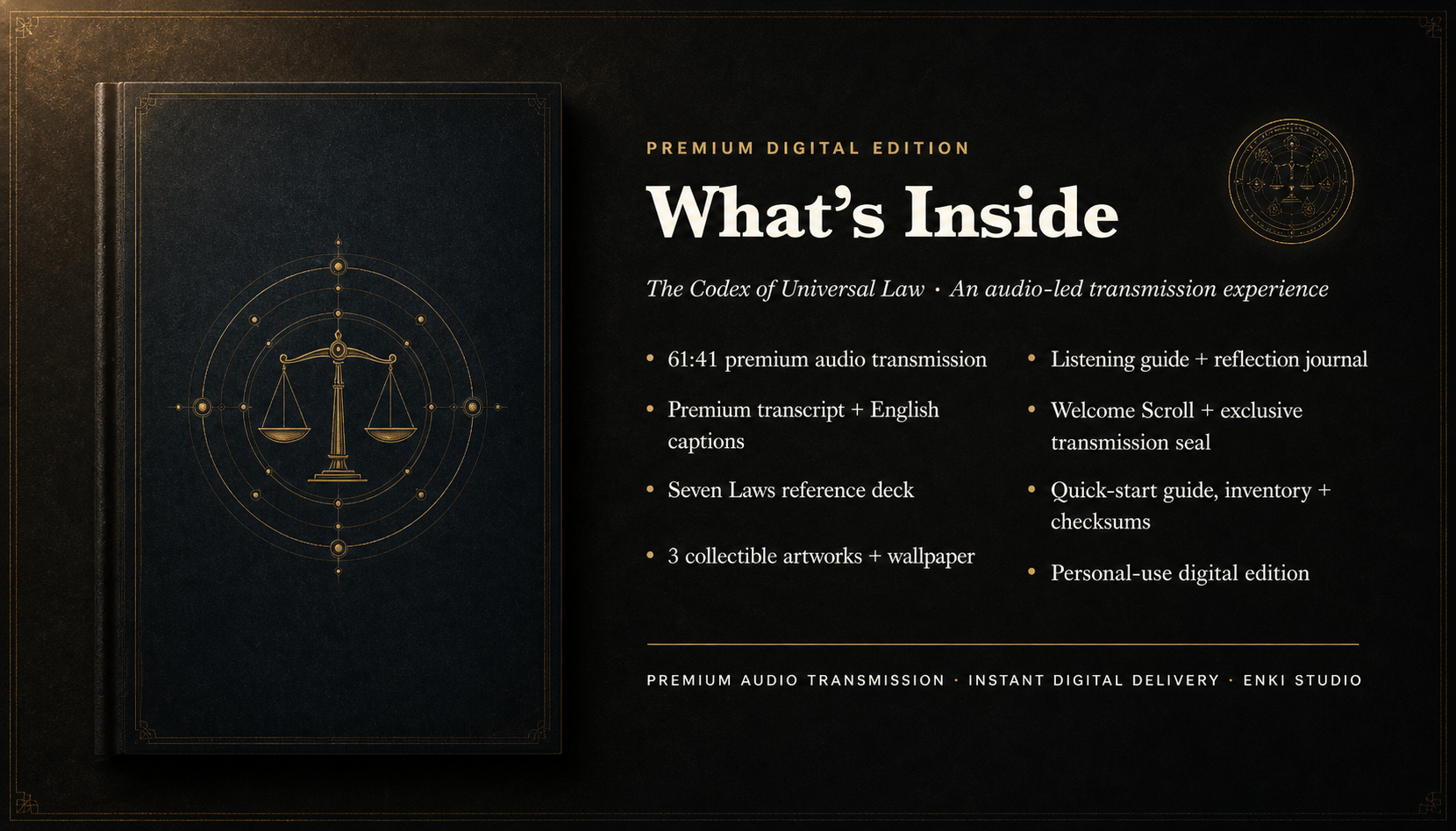 What is included in the audio-led Codex of Universal Law Premium Transmission Edition.